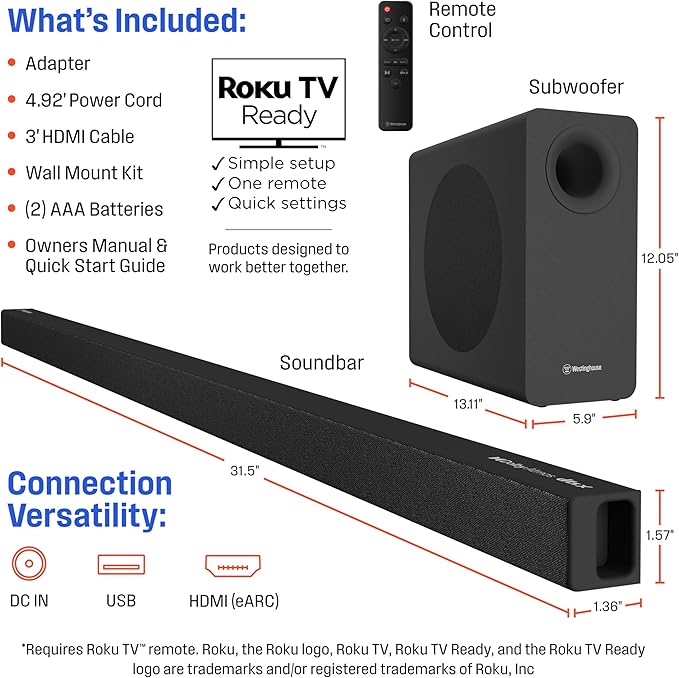 Westinghouse 2.1 Channel Sound Bar for Smart TV, 240 Watt Surround Sound with Dolby Atmos and Digital Plus, Wireless Subwoofer, Home Theater Audio, eArc, HDMI, Bluetooth, Roku TV Ready