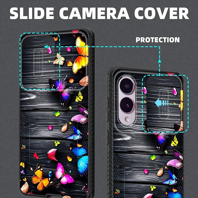 for Galaxy S25 Edge Case Built in Slide Camera Lens Cover,Heavy Duty Shockproof Protection Dual Layer Case for Samsung Galaxy S25 Edge 2025,Colorful Butterflies on Wooden