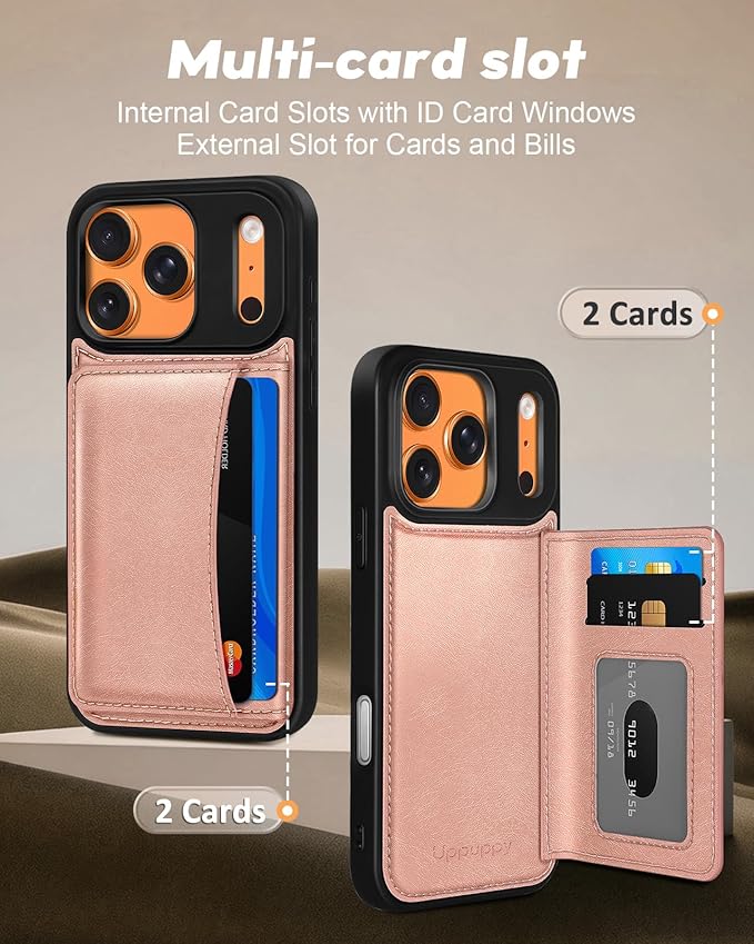 for iPhone 17 Pro Max Case with Wallet - Fits 4 Card Slots, Compatible with MagSafe for Women Aesthetic PU Leather Credit Card Holder Kickstand Phone Cover for Apple 17 Promax, Rose Gold