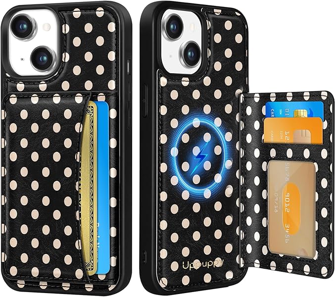 for iPhone 14 Plus Case with Wallet - Fits 4 Card Slots, Compatible with MagSafe for Women Aesthetic Durable PU Leather Credit Card Holder Kickstand Phone Cover for Apple 14 Plus, Black Polka