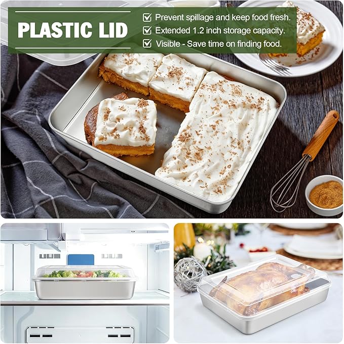 TeamFar Rectangular Cake Pan with Lid, 9.3’’ x 7’’ Stainless Steel Small Lasagna Baking Roasting Pan, Non-Toxic & Deep Side, Dishwasher Safe