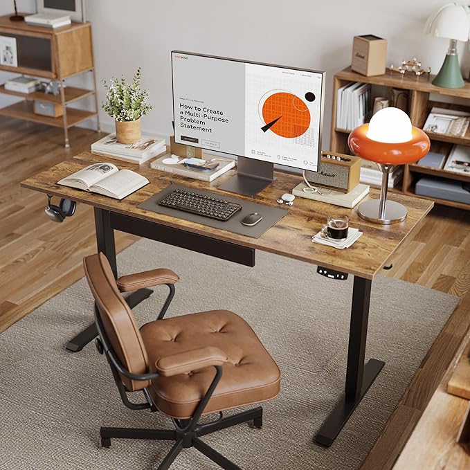 Agilestic Electric Standing Desk with Integrated Drawer, Height Adjustable Desk, Ergonomic Rising 48"x24" Wooden Desk, Sit-Stand Workstation with Memory Presets for Work Home Office, Rustic Brown