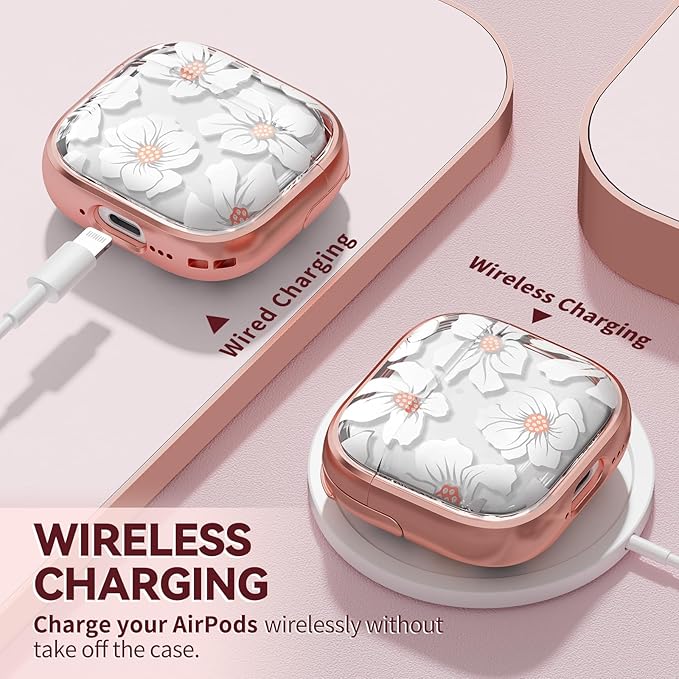 Inesore with Safety Lock for AirPods 4 Case,Clear Floral Cute AirPod 4th Generation Case for Women Girly with Cleaner Kit and Keychain-Black+Gold White Lily
