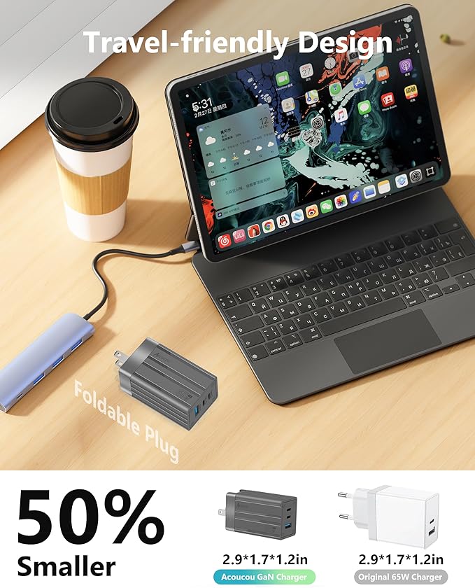 65W USB C Charger Block, GaN Fast Wall Charger,3-Port Type C Power Adapter with 6 Feet USB C Cable for iPad iPhone MacBook Air/Pro, Galaxy, Laptop,etc and More Series (Gray)