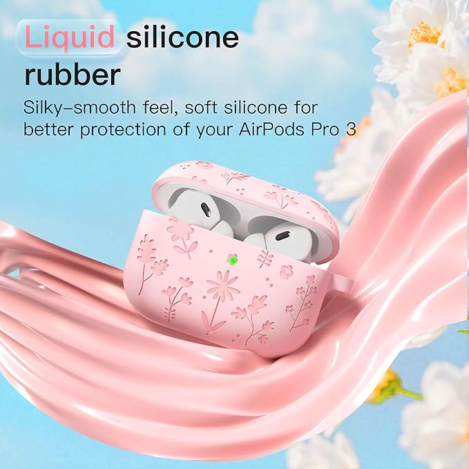 for AirPods Pro 3 Case (2025) DamonLight Floral Engraved Shockproof Protective Soft Silicone Case Cover with Cleaning Pen and Floral Keychain for Apple Airpods Pro 3rd Generation (Pink)