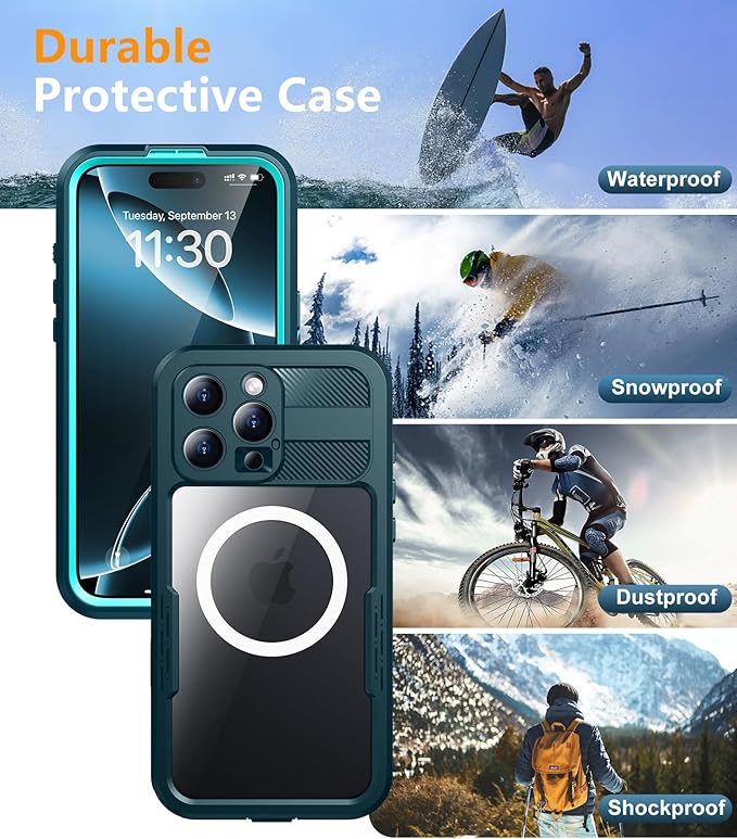 Red2Fire Magnetic for iPhone 16 Pro Case Waterproof, [Built-in Screen Protector][Compatible with MagSafe] [Full Body Shockproof] [Dustproof] Heavy Duty Rugged Phone Cover 6.3" Blue
