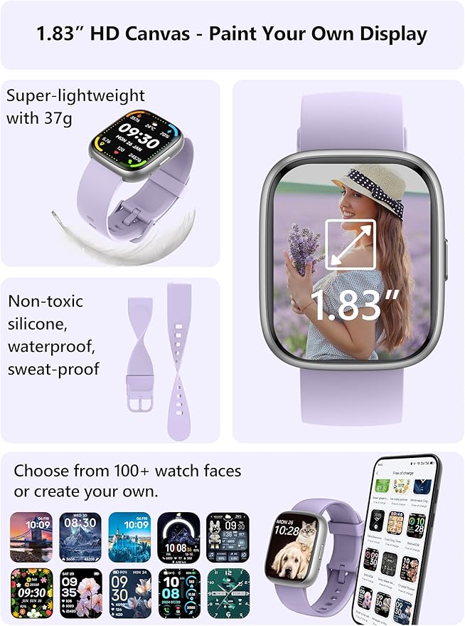 Smart Watch for Women Men Android & iPhone [2 Bands, 44mm case], Alexa Built-in, 1.83'' Smartwatch Make/Answer Call, HR SpO2 Sleep Stress Monitor Fitness Tracker, IP68 Waterproof Step Counter Watch