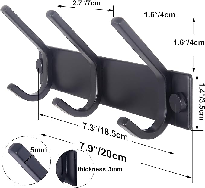 WEBI Coat Rack Wall Mounted,3 Coat Hooks for Hanging Coats,Heavy Duty Metal Hook Rack Hook Rail Coat Hanger Wall Coat Rack with Hooks for Clothes Entryway Jacket,Black,2 Packs