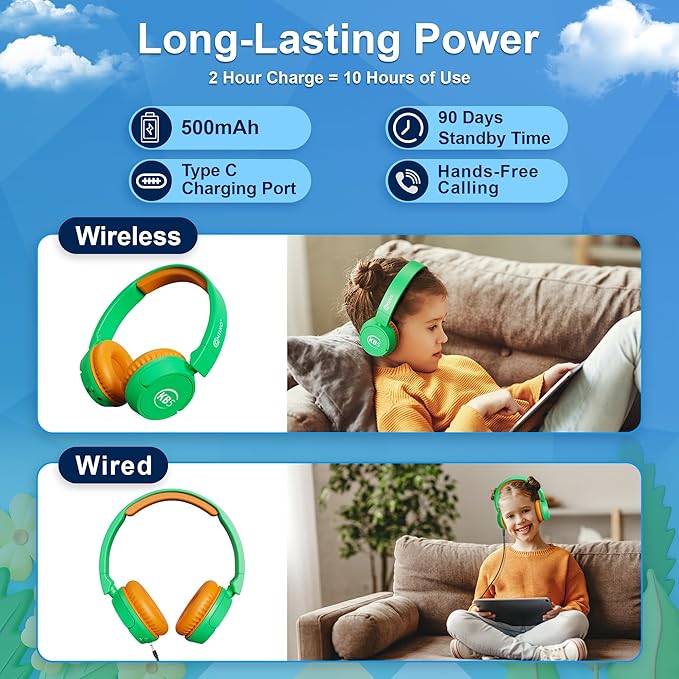 Contixo KB-5 Kids Headphones - Over The Ear Foldable Bluetooth Wireless Headphone for Kids - 85dB with Volume Limited - Toddler Headphones for Boys and Girls (Green+Orange)