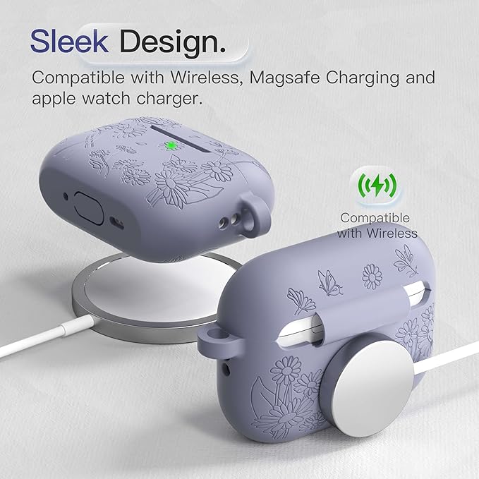 for AirPods Pro 3 Case (2025) DamonLight Daisy Floral Engraved Shockproof Protective Soft Silicone Case Cover with Cleaning Pen and Keychain for Apple Airpods Pro 3rd Generation (Lavender Gray)