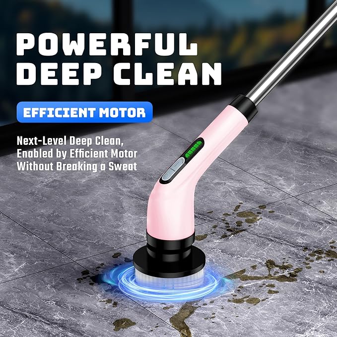 Electric Spin Scrubber - Cordless Bathroom Scrubber with 7 Brush Heads - Dual Speed IPX7 Waterproof Power Scrubber for Heavy-Duty Bathtub, Glass, Tile, and Car Cleaning (Pink)