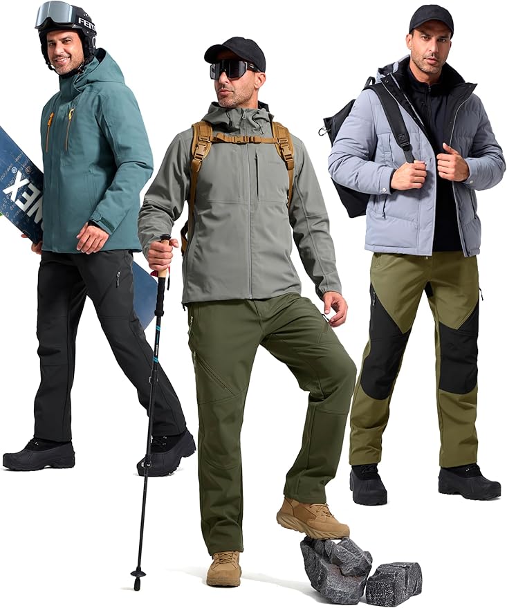 FREE SOLDIER Men's Fleece Lined Outdoor Cargo Hiking Pants Water Repellent Softshell Snow Ski Pants with Zipper Pockets