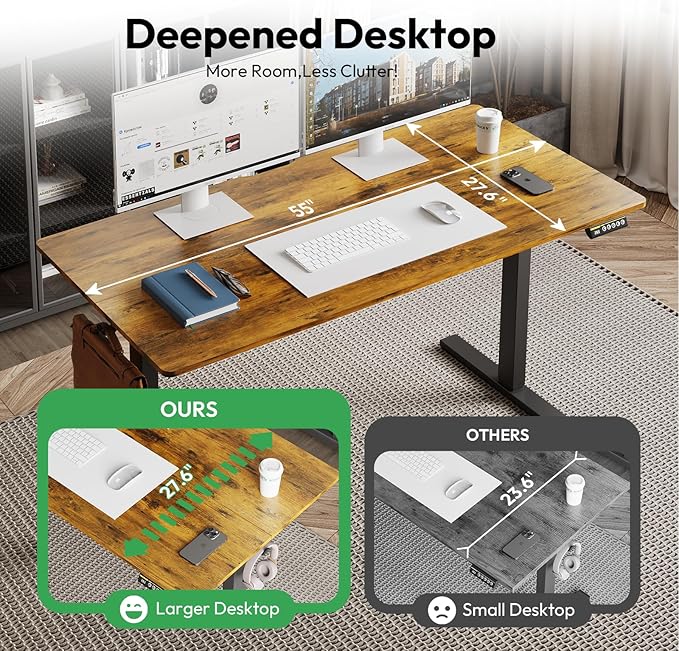 55x28 Large Electric Standing Desk Adjustable Height Stand Up with Lockable Wheels 27.6" Deep Ergonomic Sit Stand Desk for Home Office Work Computer Desk Workstation