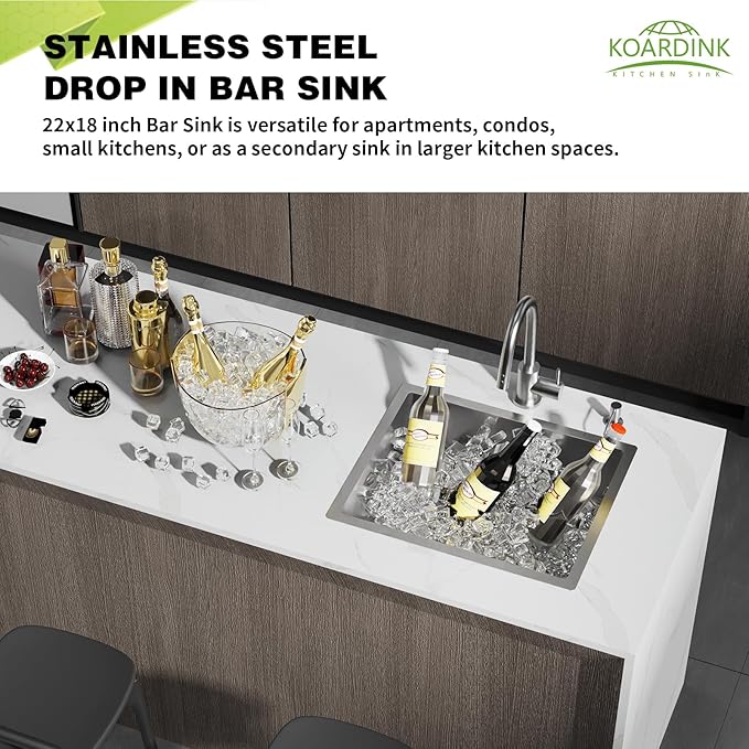 Stainless Steel Undermount Single Bowl Sink - 22x18 Inch Modern Bar & Kitchen Combo - SS Grid, Silicon Mat, Drain Strainer Set