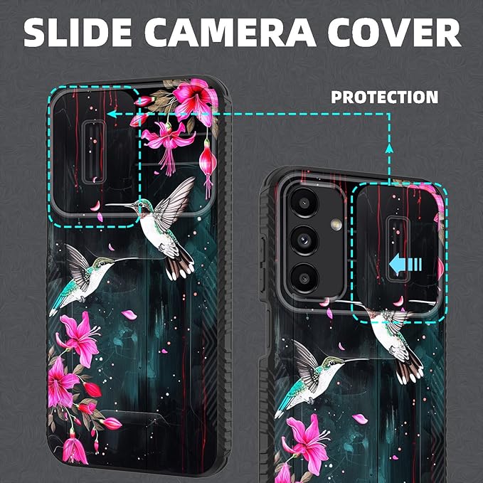 for Galaxy A15 5G Case Built in Slide Camera Lens Cover,Heavy Duty Shockproof Protection Dual Layer Case for Samsung Galaxy A15 5G 6.5 inch 2024,Flower Hummingbird