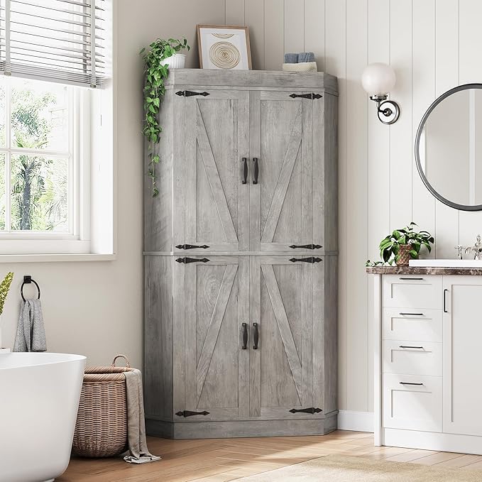Corner Kitchen Pantry Storage Cabinet with Doors, Kitchen Hutch, 71'' Tall Food Storage Cabinet Furniture for Living Room, Dining Room (Grey)