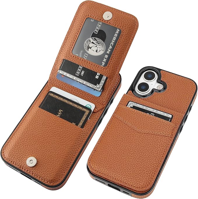 KIHUWEY Compatible with iPhone 17 Case Wallet with Credit Card Holder, Flip Premium Leather Magnetic Clasp Kickstand Heavy Duty Protective Cover for iPhone 17 6.3 Inch (Lichee Light Brown)