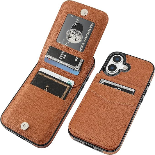 KIHUWEY Compatible with iPhone 17 Case Wallet with Credit Card Holder, Flip Premium Leather Magnetic Clasp Kickstand Heavy Duty Protective Cover for iPhone 17 6.3 Inch (Lichee Light Brown)