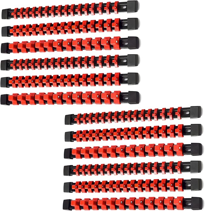 ALOANES 12PC ABS Socket Organizer, Socket Rails Fit 1/2 inch, 3/8 inch and 1/4 inch Drive, Heavy Duty Socket Holders Hold up to 172 Sockets, Black Rails with Red Clips