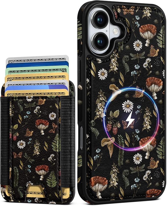 Shorogyt for iPhone 17 Wallet Case - Fits 5 Cards, Compatible with Magsafe Detachable Magnetic Credit Card Holder Leather Cardholder Cute Phone Cover Women Girls for Apple 17, Mushroom