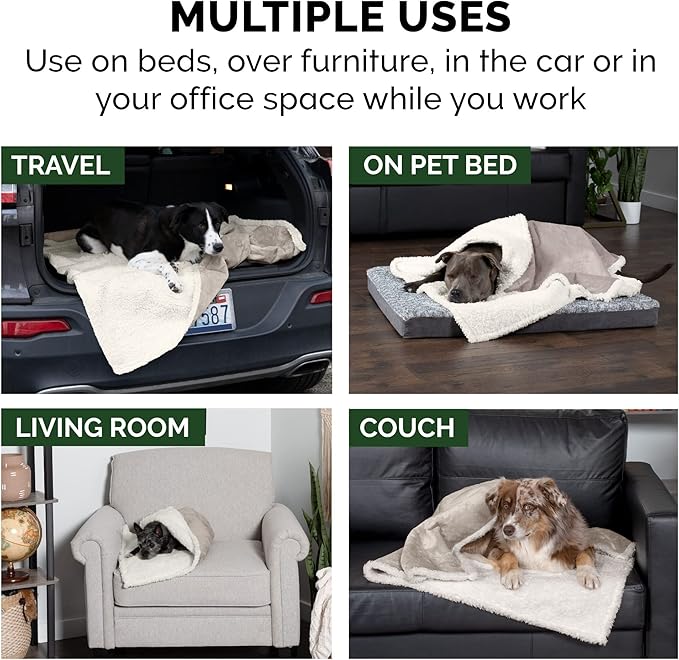 Furhaven Waterproof & Self-Warming Throw Blanket for Dogs & Indoor Cats, Washable & Reflects Body Heat - Soft-Edged Terry & Sherpa Dog Blanket - Dove, Large