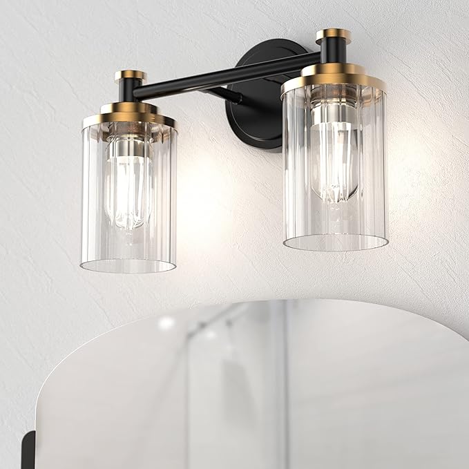Bathroom Lighting Fixtures Black and Gold Bathroom Vanity Light with Cylindrical Clear Stripes Glass Lampshade E26 Socket Base Bathroom Lighting Fixtures Over Mirror (2 Lights)