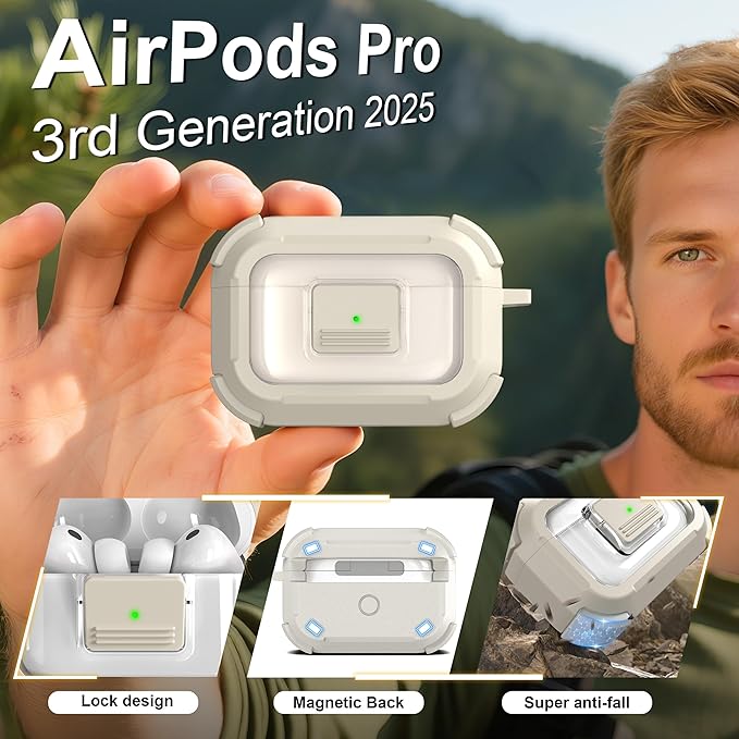 RFUNGUANGO for AirPods Pro 3 Case, Compatible with AirPods Pro 3 Generation Case (2025), Compatible with MagSafe, Magnetic Automatic Lock with Cleaner Kit and Keychain, Front LED Visible, Sand Grey
