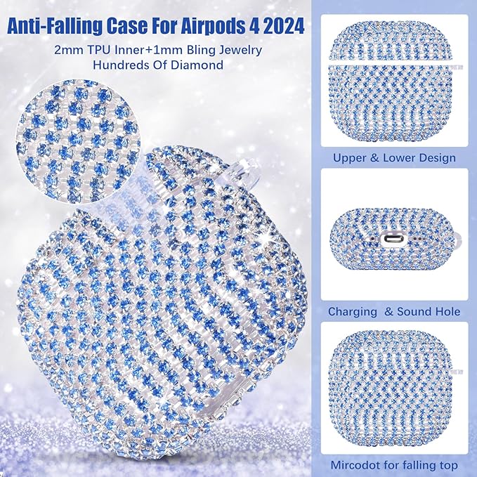 VISOOM Cute Jewelry Cases for Airpods 4 Cases 2024 Cover Women, Sparkly Air pods 4 Gen Case Hard TPU Airpod Case 4th Generation Bling Glitter iPods 4 Cas Keychain for iPods Earbuds Airpods 4th-Blue