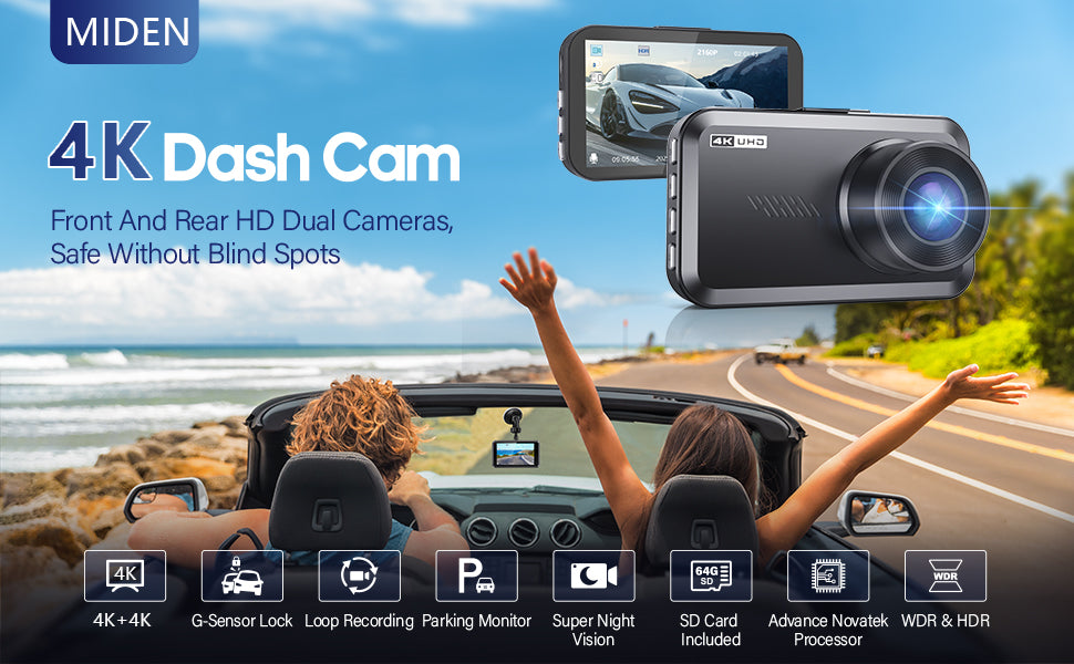 Miden 4K+2.5K Dash Cam Front and Rear,Free 64G SD Card,2160P+1600P UHD Dual Dash Camera for Cars,176°+160°Wide Angle,3.5 ''IPS Screen Dashcam,Loop Recording,G-Sensor,Night Vision,24H Parking Monitor