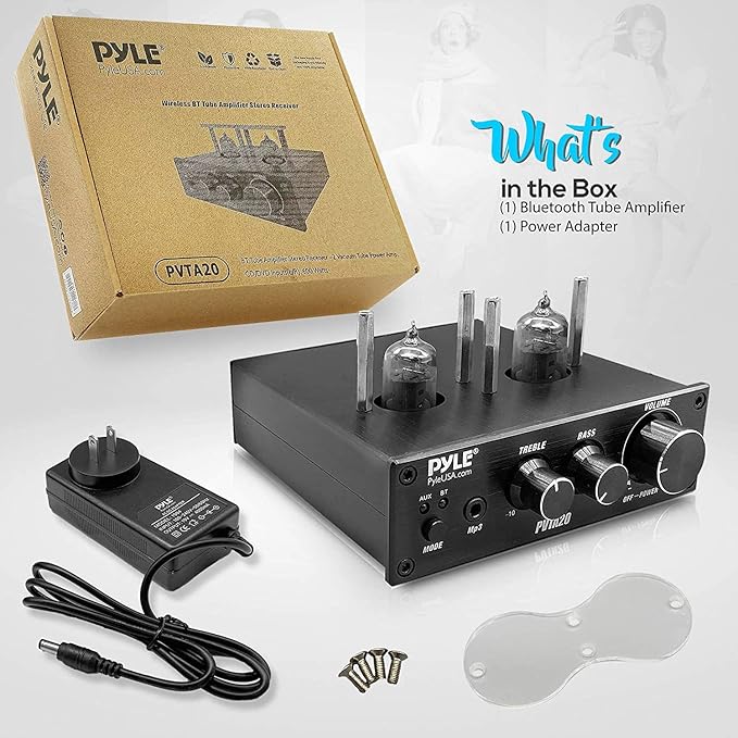 Pyle Bluetooth Tube Amplifier Stereo Receiver - 600W Home Audio Desktop Stereo Vacuum Tube Power Amplifier Receiver w/ 2 Vacuum Tubes, AUX/MP3/Microphone Inputs, Pure Copper Speaker Output - PVTA20