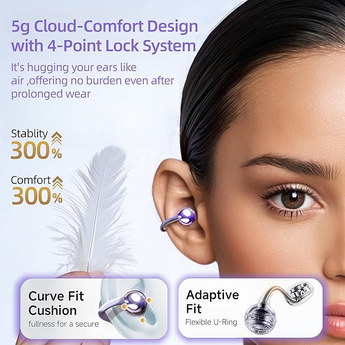 Elegant Touchscreen Clip-On Earbuds, Wireless Open Ear Headphones with 1.3" Color Display, Bluetooth 6.0, 50H Playtime, Ultra-Light 4.1g, IPX5 Waterproof, Perfect for Yoga/Running/Workouts,purple