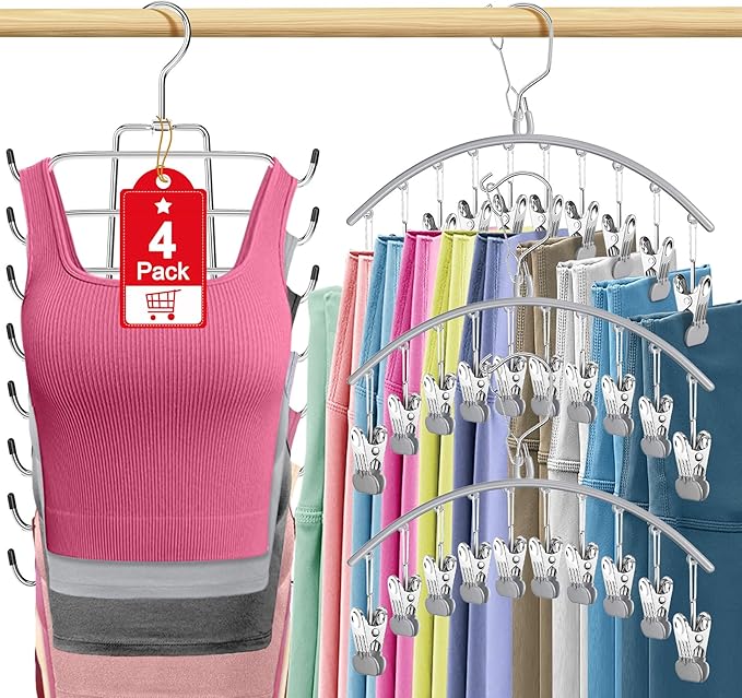 4 Pack Legging Organizer for Closet Hanging, 3 Pants Leggings Hangers with 30 Clips, 1 Tank Top Hanger Space Saving Hangers Closet Organizers and Storage for Pants Skirts Bra, Grey