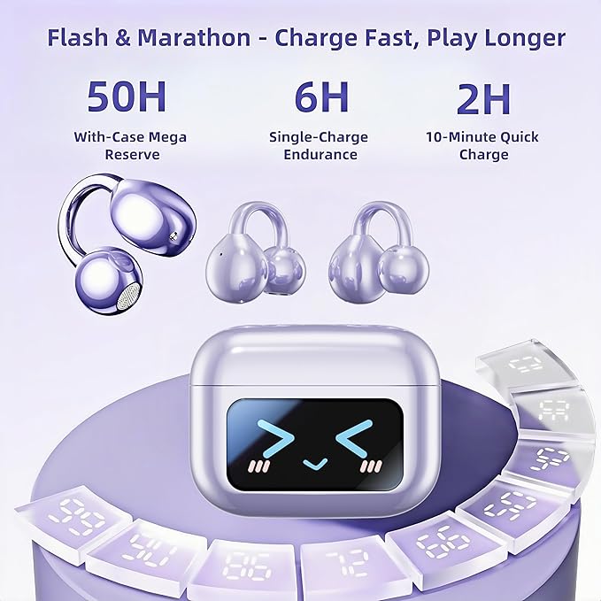 Elegant Touchscreen Clip-On Earbuds, Wireless Open Ear Headphones with 1.3" Color Display, Bluetooth 6.0, 50H Playtime, Ultra-Light 4.1g, IPX5 Waterproof, Perfect for Yoga/Running/Workouts,purple