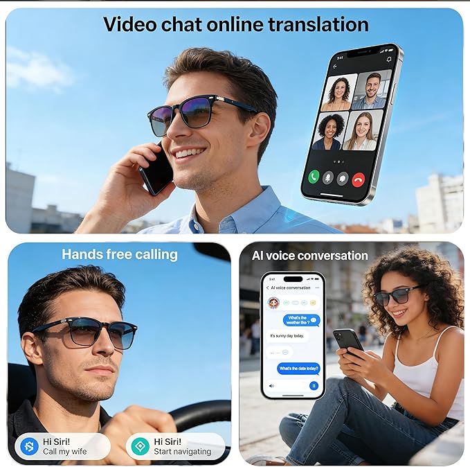 AI Smart Wireless Bluetooth Translation Glasses for Men/Women with Speakers/Bluetooth&140+ Languages Translation Sports/Travel/Drive/Busniess (MK3+AI+Color Change Lenses+Black+Adjustable)