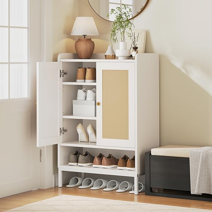 JASIWAY Rattan Shoe Cabinet Storage for Entryway, Shoe Cabinet with Adjustable Shelves for Entryway, 5-Tier, 20 Pair Shoe Rack Storage for Hallway, Closet, Living Room, White