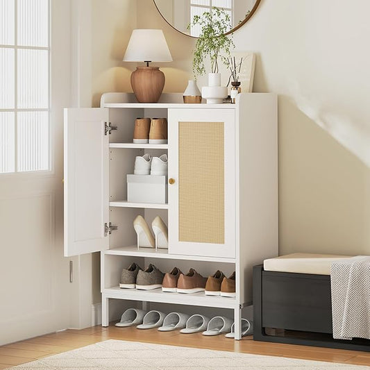JASIWAY Rattan Shoe Cabinet Storage for Entryway, Shoe Cabinet with Adjustable Shelves for Entryway, 5-Tier, 20 Pair Shoe Rack Storage for Hallway, Closet, Living Room, White