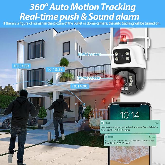 6MP Security Camera Outdoor, 360°PTZ Surveillance System, Dual Lens Security Camera 2.4Ghz 24/7 Record IP66 WiFi Camera for Home Security with Motion Detection, Color Night Vision,Two-Way Audio（White）