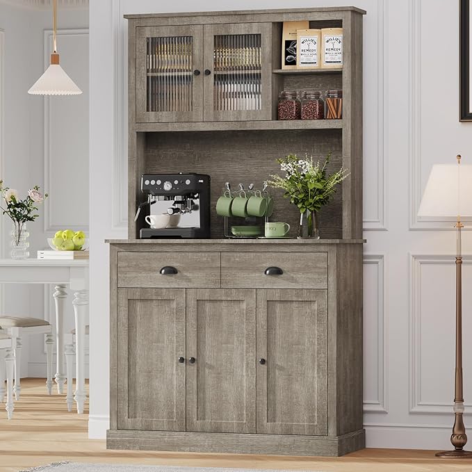 GarveeHome Pantry Cabinet with Drawers and Adjustable Shelves, 71" Tall Freestanding Kitchen Cabinet with Microwave Stand, Kitchen Hutch for Dining Room, Rustic Grey