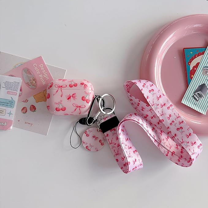 Cute Pink Ribbon Bow Cherry Design Air Pod Pro 3 Generation Case（2025） with Bow Cherry Lanyard Keychain，Unique IMD Process TPU Soft Pro 3 Case