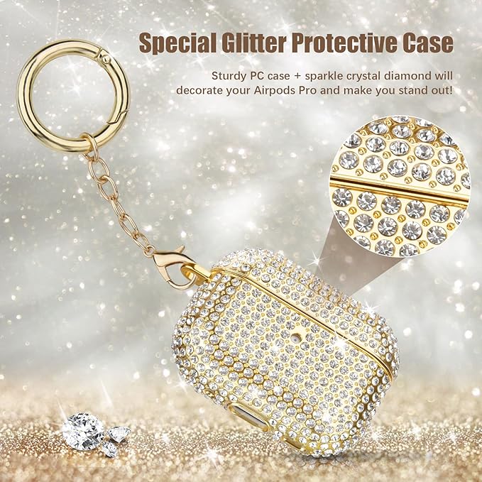 Case for AirPods Pro 2nd Generation, Filoto Cute AirPod Pro 2 Protective Case Cover for Women Girls, Bling Crystal PC Apple Air Pods Pro Cases Accessories with Lobster Clasp Keychain, Gold