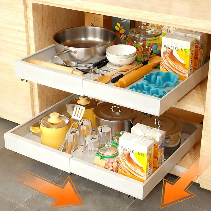 Pull out Cabinet Organizer 21" Depth (12.6-20.5 inch Width) Slide Roll Out Drawers Expandable Adjustable Shelves for Kitchen Bathroom Pantry Adhesive Nano Film 3 Slide Rails White, 2pcs