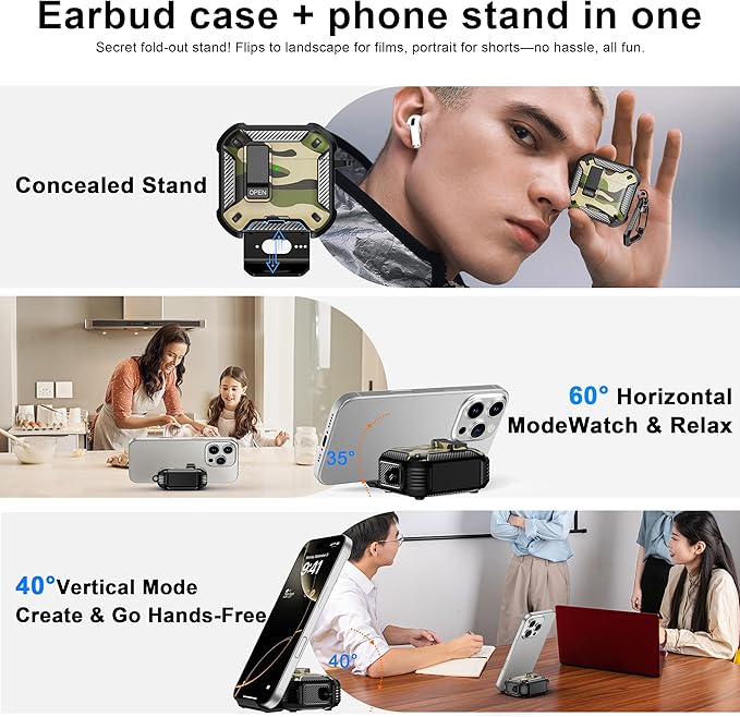 RFUNGUANGO Compatible AirPods 4th Generation Protective Case with Phone Holder and Compatible Back Magnetic Suction Function, Suitable for AirPods 4th Case-Snow Camouflage