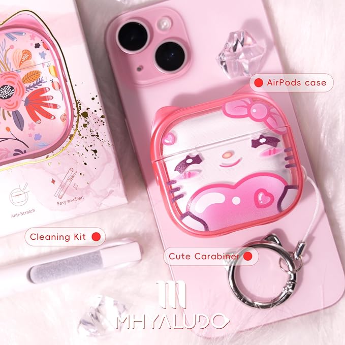 for AirPods 4 Case with Cleaning Kit, Cute Cat Ear Print Design & Cute Buckle, Inverted Phone Holder Design, Top Safe Lock Buckle Design, for Girls AirPods 4 case 2024, Pink Cat