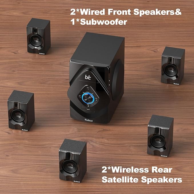 Bobtot Home Theater System Wireless Rear Satellite Speakers 800W 6.5 inch Subwoofer 5.1/2.1 Channel Surround Sound Systems with ARC Optical Bluetooth Input