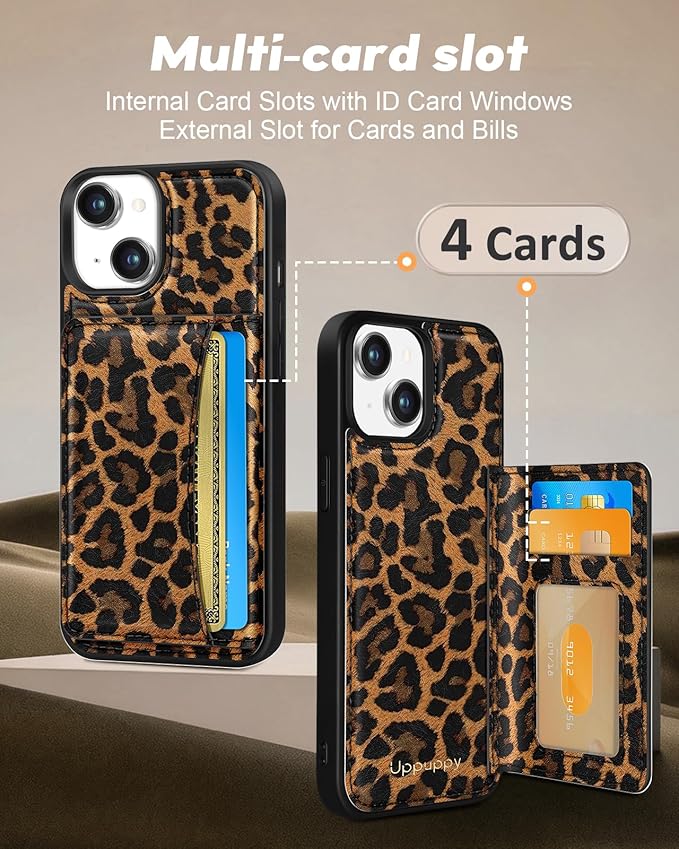 for iPhone 14 Plus Case with Wallet - Fits 4 Card Slots, Compatible with MagSafe for Women Aesthetic Durable PU Leather Credit Card Holder Kickstand Phone Cover for Apple 14 Plus, Leopard