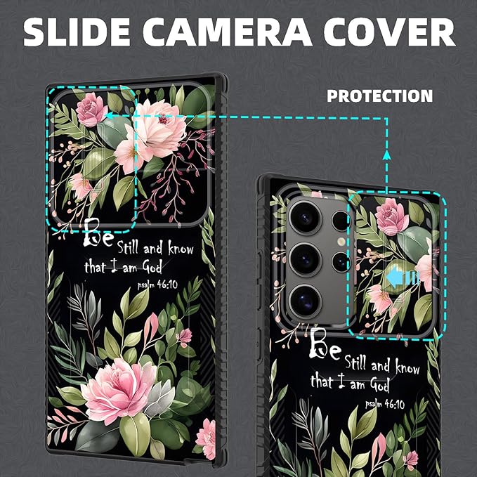 for Galaxy S26 Ultra Case Built in Slide Camera Lens Cover,Heavy Duty Shockproof Protection Dual Layer Case for Samsung Galaxy S26 Ultra 6.9" 2026,Flower Bible Verse Psalm 46:10