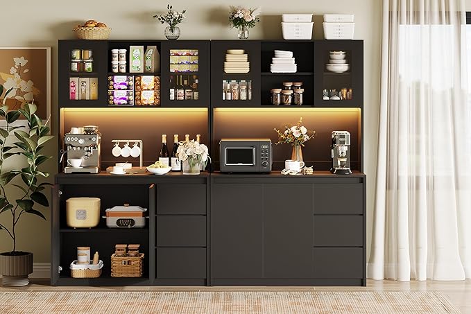 Garvee Kitchen Pantry Cabinet,71 in Tall Storage Cabinet with Doors and Shelves Adjustable, Kitchen Storage Hutch with Microwave Shelf, Led Lights and Charging Station,Corner Pantry Cabinet, Black
