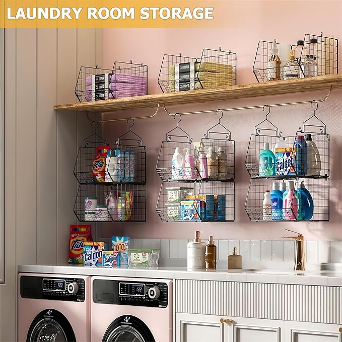 7 Tier Foldable Hanging Closet Organizer and Storage,Wire Closet Shelving with 5 S Hooks,Hanging Basket for Clothes Sweaters Shoes Handbags,Small Closet Organizers for Wardrobe Kitchen Laundry Room