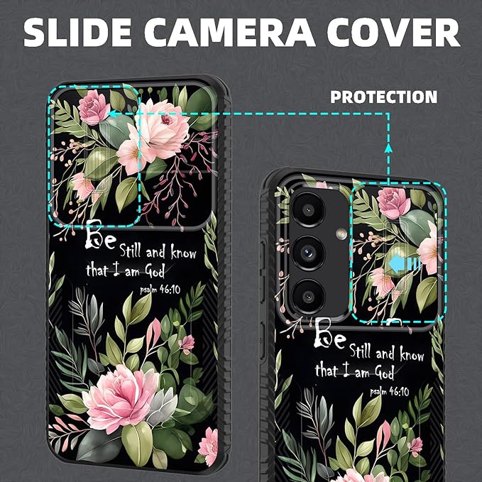 for Galaxy S25 FE Case Built in Slide Camera Lens Cover,Heavy Duty Shockproof Protection Dual Layer Case for Samsung Galaxy S25 FE 6.7" 2025,Flower Bible Verse Psalm 46:10