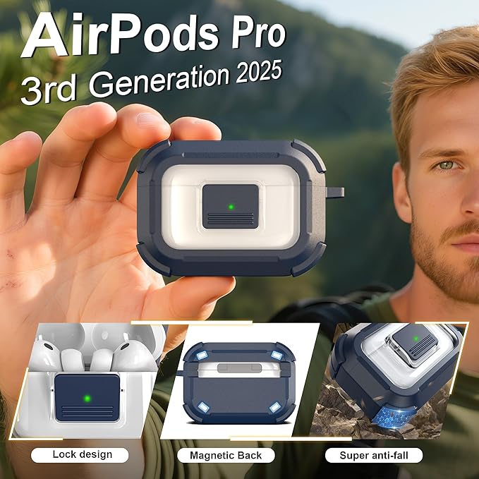 RFUNGUANGO for AirPods Pro 3 Case, Compatible with AirPods Pro 3 Generation Case (2025), Compatible with MagSafe, Magnetic Automatic Lock with Cleaner Kit and Keychain, Front LED Visible, Blue